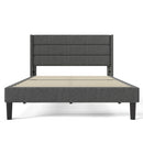 Gray upholstered bed frame with wooden slats on a white background
