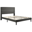 Black bed frame with wooden slats on a white background
