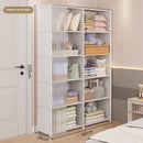 White storage cabinet with clothes and items on shelves in a room setting.