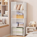 White storage cabinet with glass doors in a bedroom setting