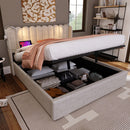 Linen Upholstered Lift-Up Storage Bed Frame with LED Reading Light & Dual USB Ports – Designer Headboard Double Bed 140x200cm (No Mattress)