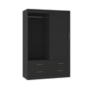 Black wardrobe with gold handles on a white background