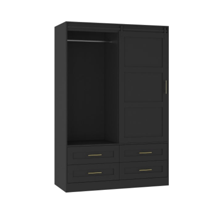 Black wardrobe with gold handles on a white background