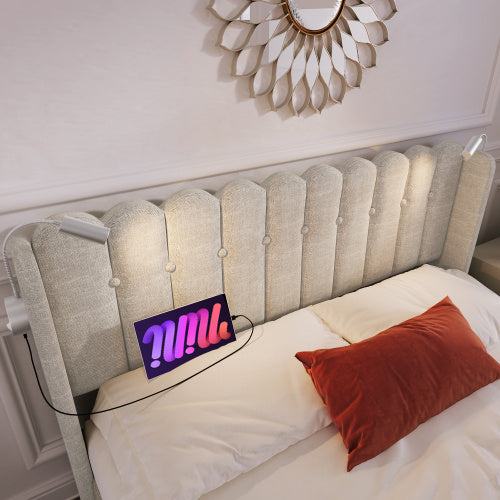 Linen Upholstered Lift-Up Storage Bed Frame with LED Reading Light & Dual USB Ports – Designer Headboard Double Bed 140x200cm (No Mattress)