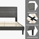 Gray upholstered bed frame with wooden slats, shown with design and feature text on the right.