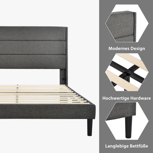 Gray upholstered bed frame with wooden slats, shown with design and feature text on the right.