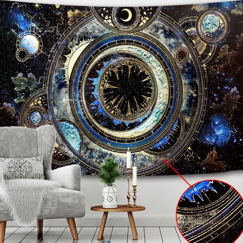 Decorative tapestry with celestial design in a living room setting