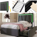 Bed with adjustable headboard, metal frame, and storage drawers in a bedroom setting.