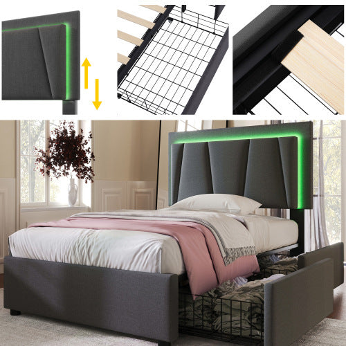 Bed with adjustable headboard, metal frame, and storage drawers in a bedroom setting.