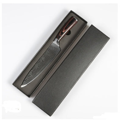 Kitchen knife with protective sheath on light background.