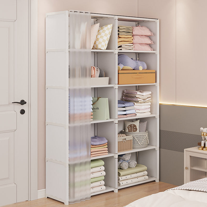 White storage cabinet with shelves filled with folded clothes and items in a room.
