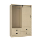 Beige wardrobe with sliding door and drawers on a white background