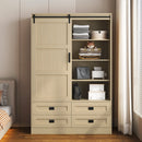 Beige wardrobe with sliding door in a bedroom setting