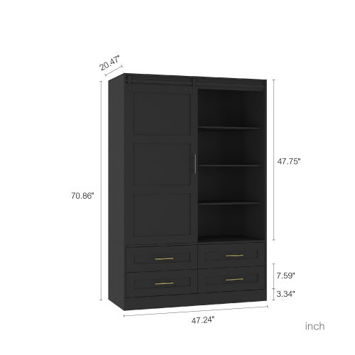 Black wardrobe with dimensions labeled in inches on a white background