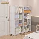 White storage cabinet with shelves filled with folded clothes and bags in a room.