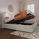Linen Upholstered Lift-Up Storage Bed Frame with LED Reading Light & Dual USB Ports – Designer Headboard Double Bed 140x200cm (No Mattress)