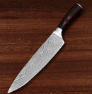 Sharp stainless steel chef’s knife on a dark background.