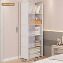 Tall white storage cabinet with shelves in a bedroom setting