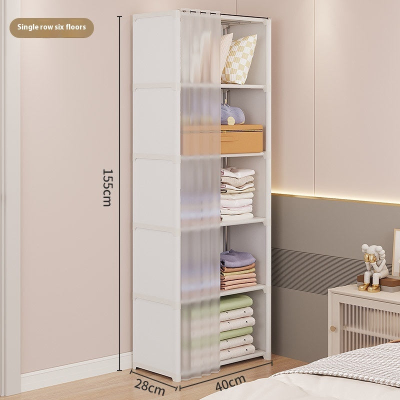 Tall white storage cabinet with shelves in a bedroom setting