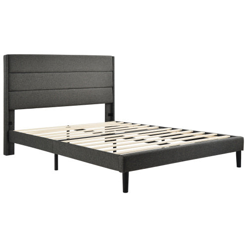 Black bed frame with wooden slats on a white background