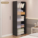 Tall black wardrobe with shelves in a bedroom setting, showing dimensions.