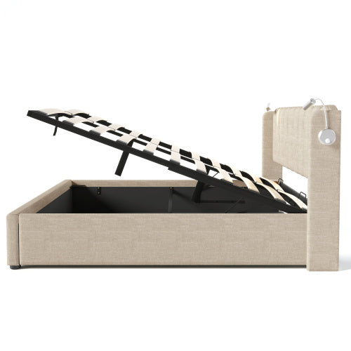 Linen Upholstered Lift-Up Storage Bed Frame with LED Reading Light & Dual USB Ports – Designer Headboard Double Bed 140x200cm (No Mattress)