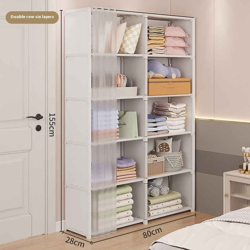White storage cabinet with clothes and items on shelves in a room setting.