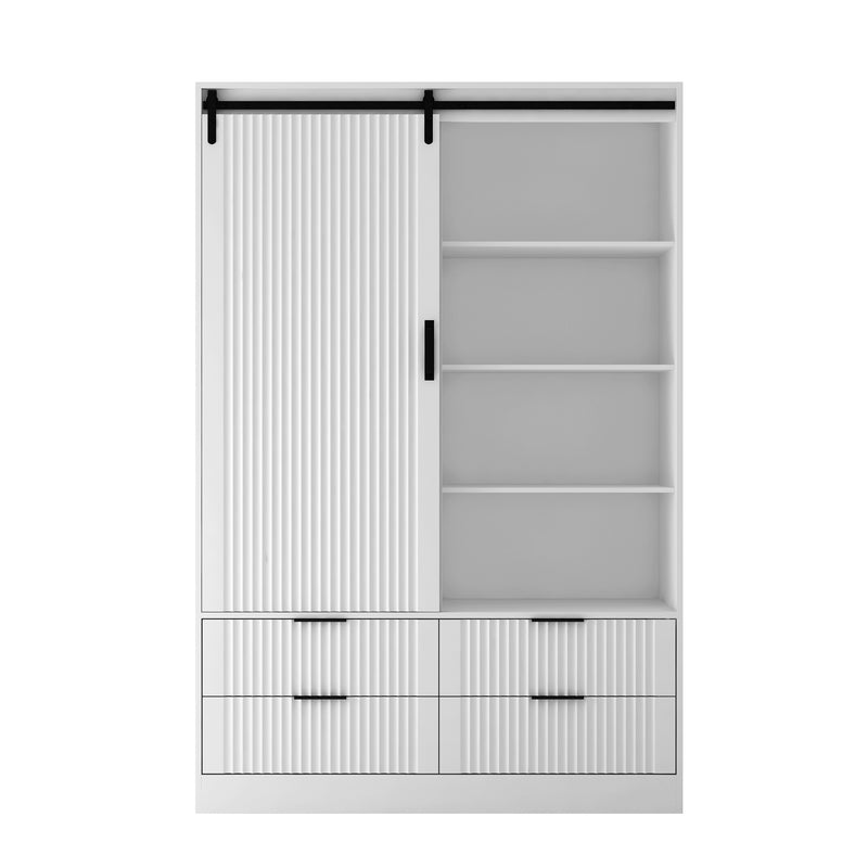 White cabinet with sliding door and drawers on a white background