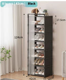 Black shoe rack with dimensions labeled in a room setting