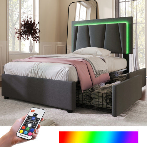 Bed with RGB lighting control panel and remote in a bedroom setting