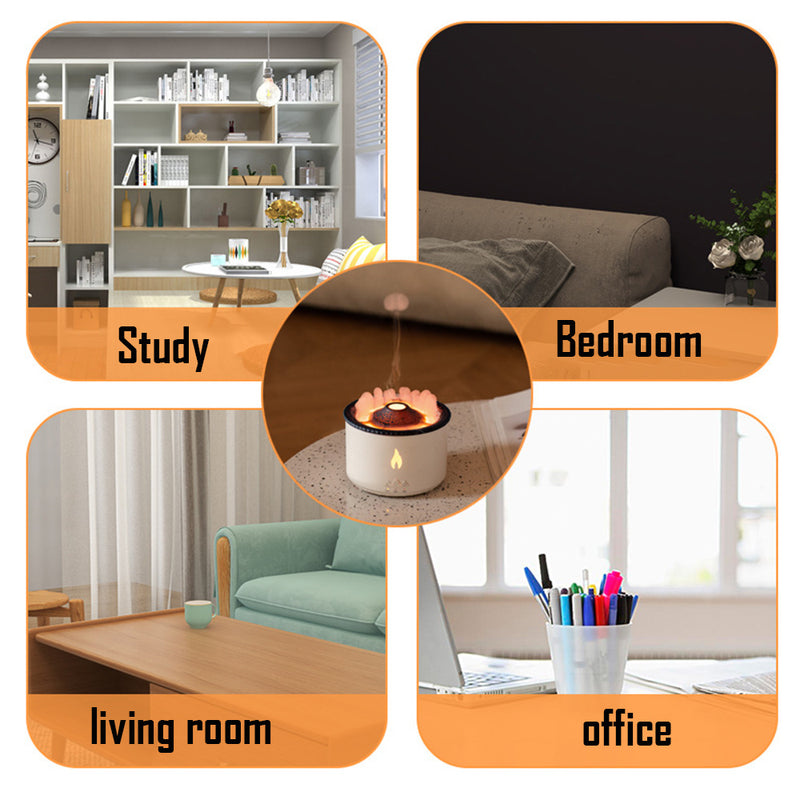 Collage of different room settings with text labels for study, bedroom, living room, and office.