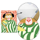 Home decor, room decor, wall decor, Illustration of a monkey with headphones and a banana, on a patterned background.