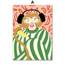 Home decor, room decor, wall decor, Illustration of a monkey wearing headphones and a striped shirt with a banana pattern on a colourful background.