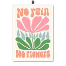 Home decor, room decor, wall decor, Poster with pink flower and text 'No rain no flowers' on a white background