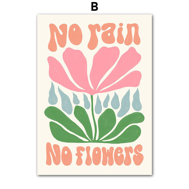 Home decor, room decor, wall decor, Poster with pink flower and text 'No rain no flowers' on a white background
