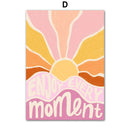 Home decor, room decor, wall decor, Canvas print with a sun design and 'Enjoy every moment' text on a white background