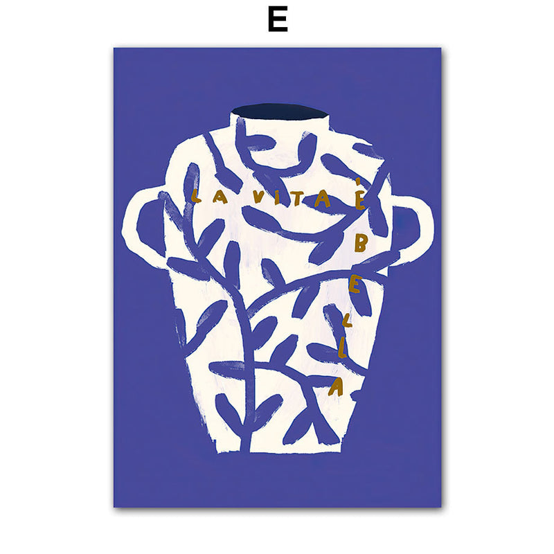 Home decor, room decor, wall decor, Decorative poster with a white vase design and 'La Vita E Bella' text on a blue background