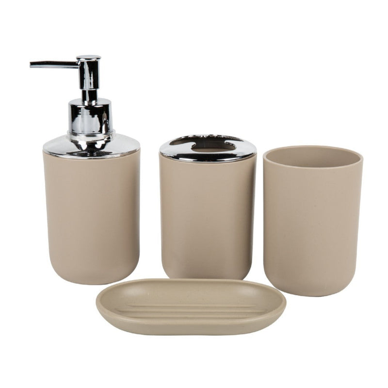 Household supplies, household cleaning products, cleaning products Beige bathroom accessory set with a pump, toothbrush holder, cup, and soap dish on a white background.