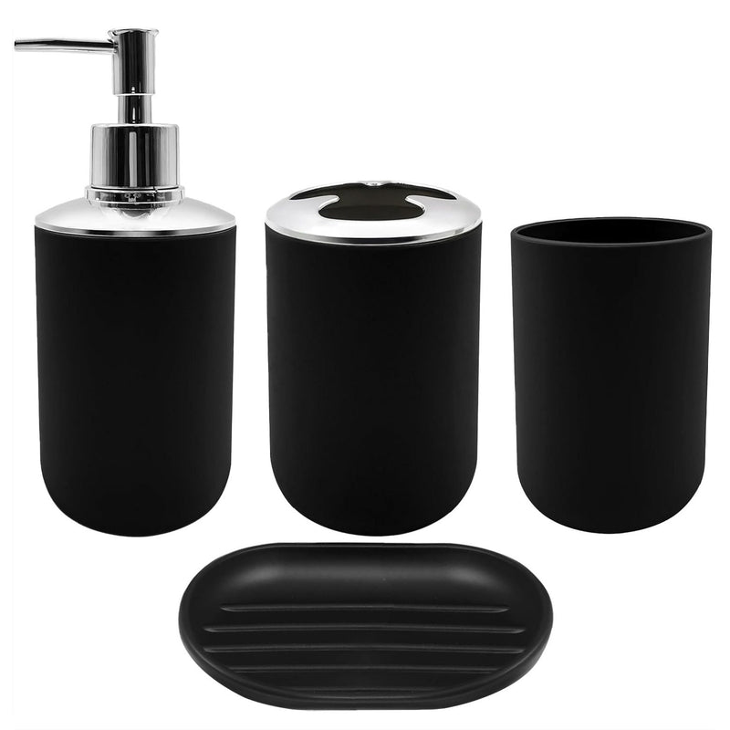 Household supplies, household cleaning products, cleaning products Black bathroom accessory set with a dispenser, toothbrush holder, cup, and soap dish on a white background.