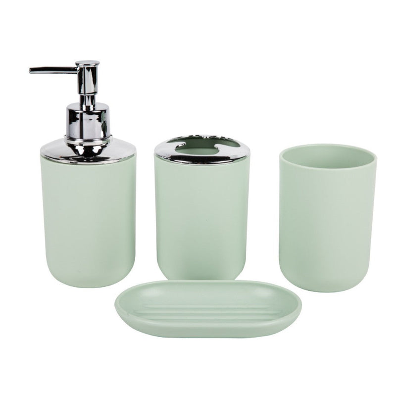Household supplies, household cleaning products, cleaning products Set of green bathroom accessories including a dispenser, toothbrush holder, and cup on a white background.