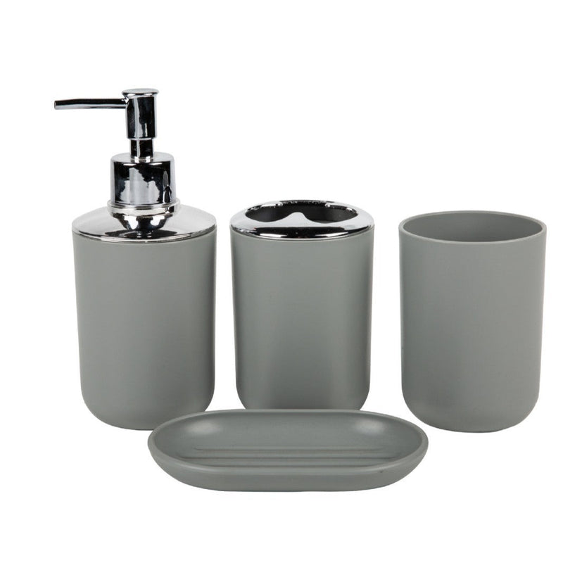 Household supplies, household cleaning products, cleaning products Gray bathroom accessory set with a pump, cup, and soap dish on a white background