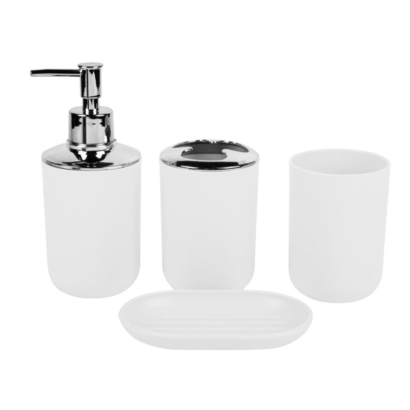 Household supplies, household cleaning products, cleaning products Bathroom accessory set with white dispenser, cup, and soap dish on a white background