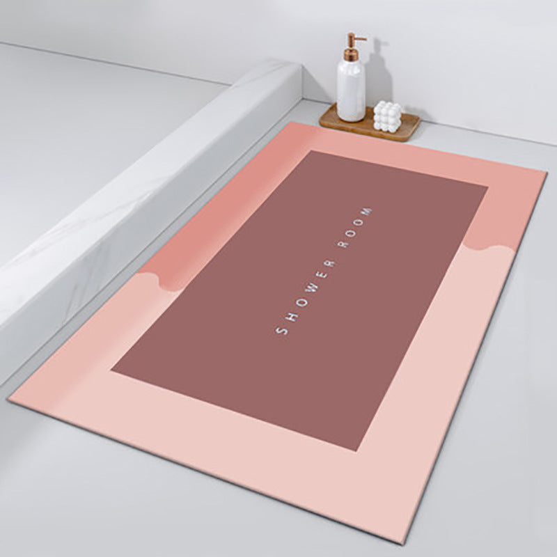 Mat, comforters, Bathmat with 'SHOWER ROOM' text on a bathroom floor