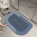 Mat, comforters, Blue bathmat with 'Bathroom' text on a bathroom floor