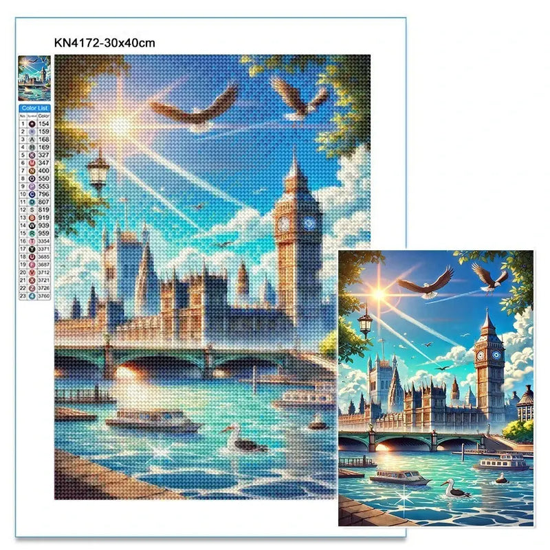 Wall decor, room decor, home decor, DIY diamond painting kit with a scenic cityscape design, including Big Ben and a bridge over water.