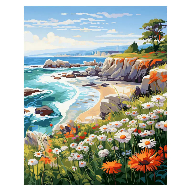 Wall decor, room decor, home decor, Coastal scene with flowers and ocean view