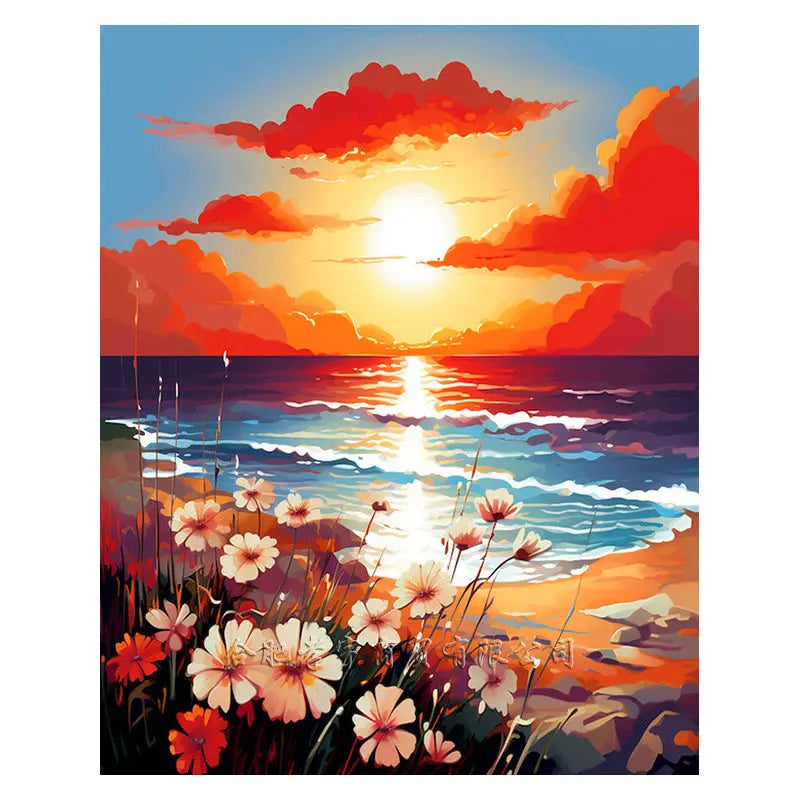 Wall decor, room decor, home decor, Sunset over a beach with flowers in the foreground