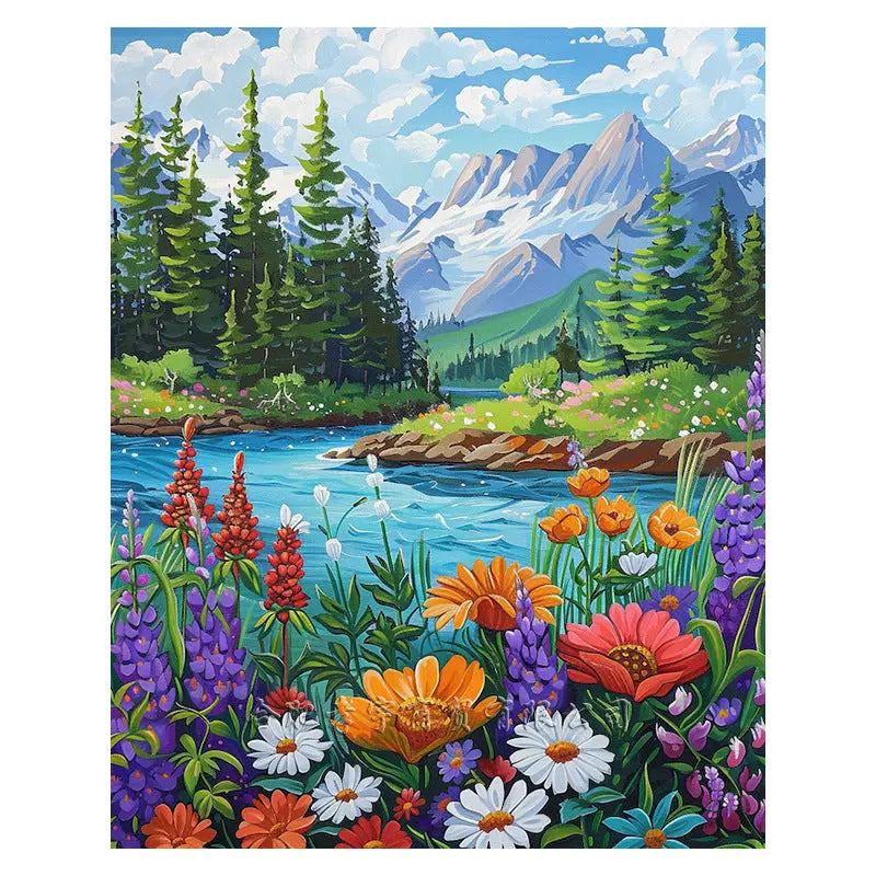 Wall decor, room decor, home decor, Colourful painting of a mountain landscape with flowers and trees.