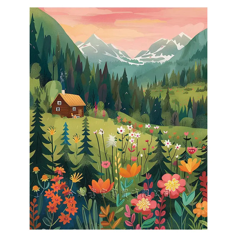 Wall decor, room decor, home decor, Illustration of a cabin in the woods with mountains in the background