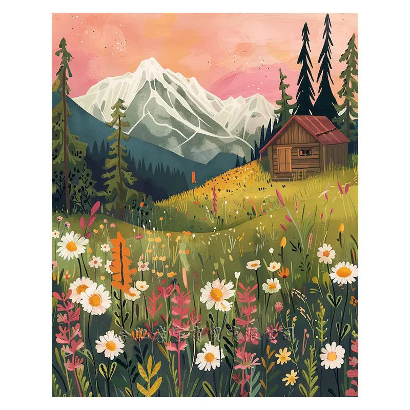 Wall decor, room decor, home decor, Illustration of a cabin in the mountains with flowers and trees